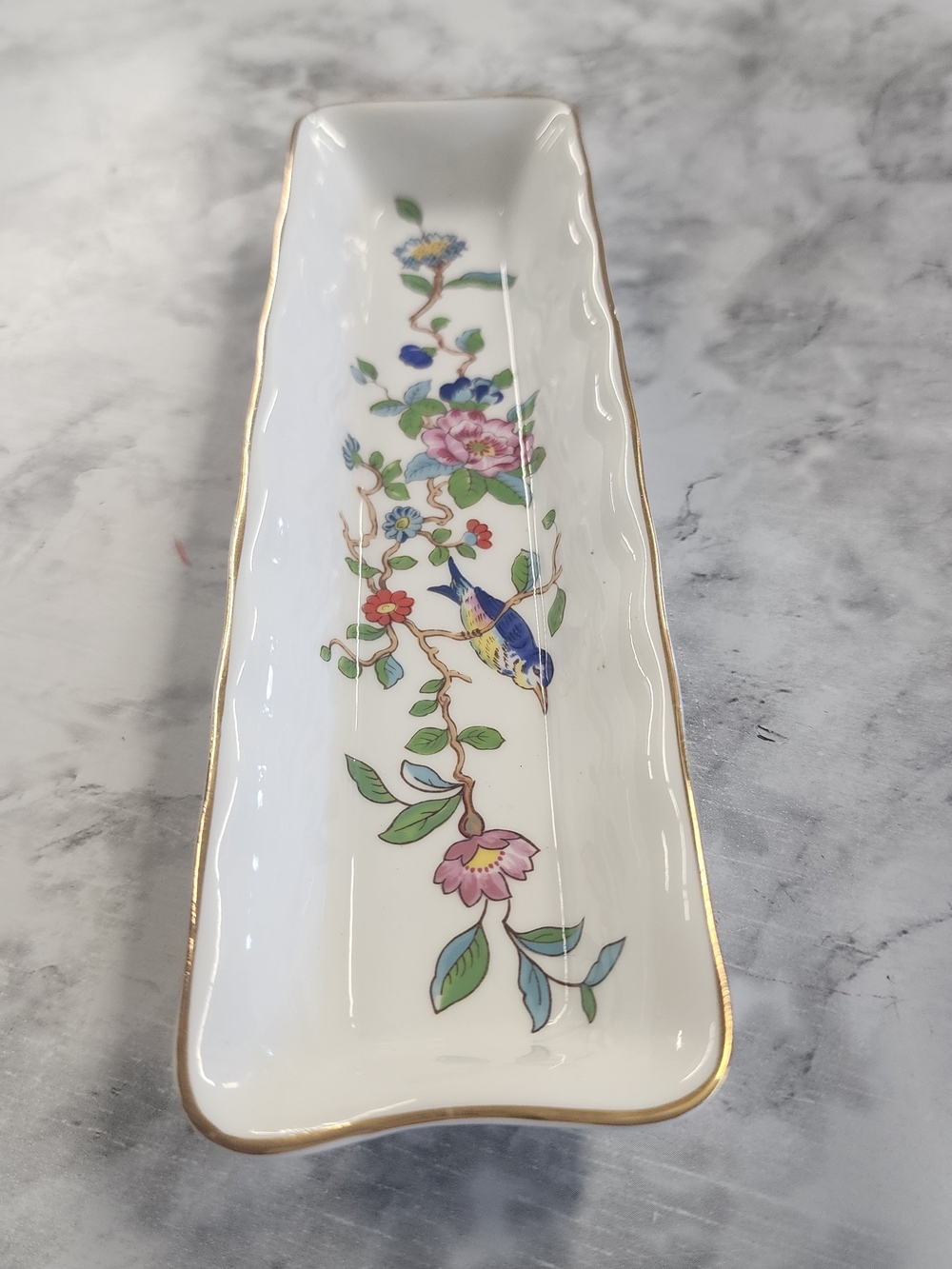 Porcelain Floral & Bird Trinket Tray with Gold Trim
